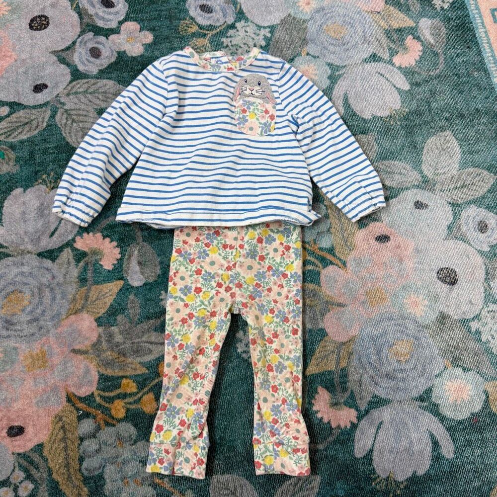 Baby Boden Outfit Set Baby Toddler Size 6-9M Blue White Red Stripe Floral 2-Pcs